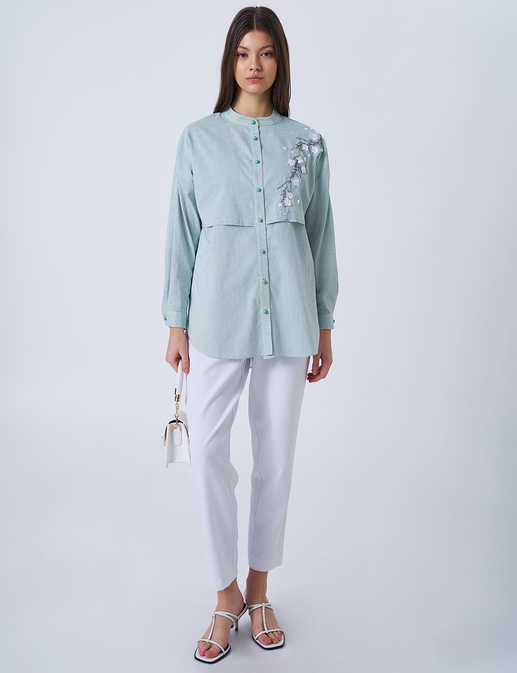 Appliquéd Striped Cotton Tunic Green