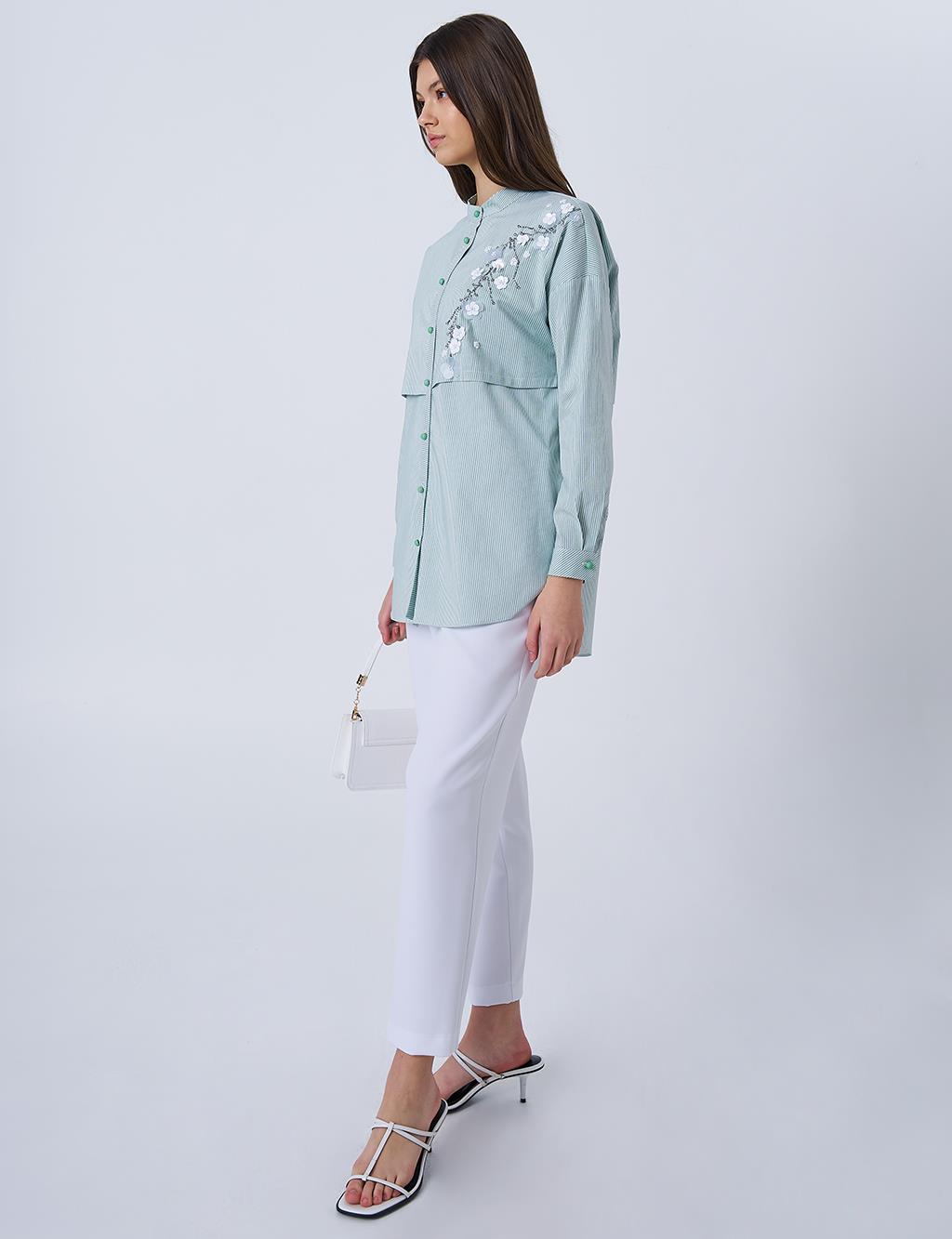 Appliquéd Striped Cotton Tunic Green
