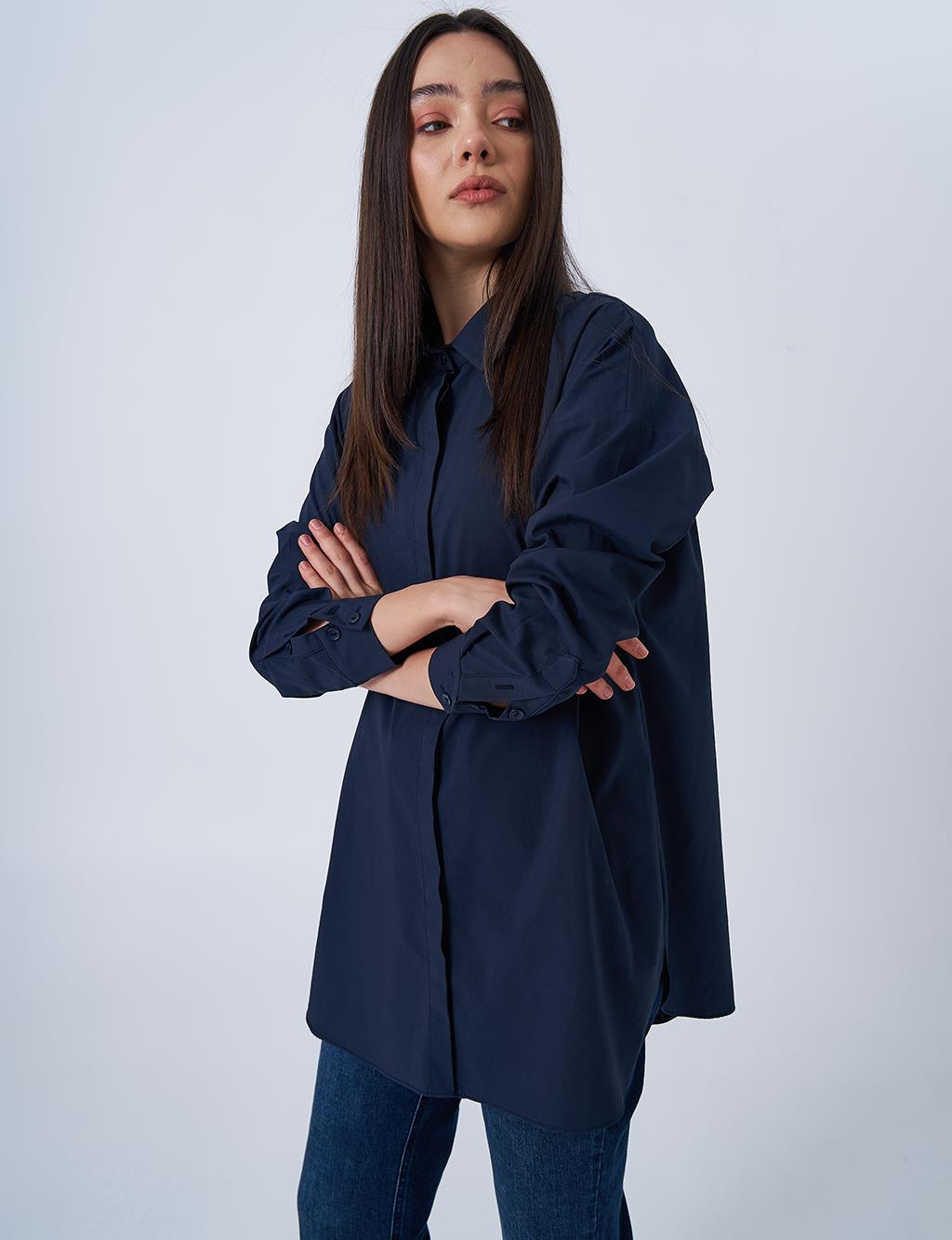Gömlek Yaka Basic Poplin Tunik Lacivert