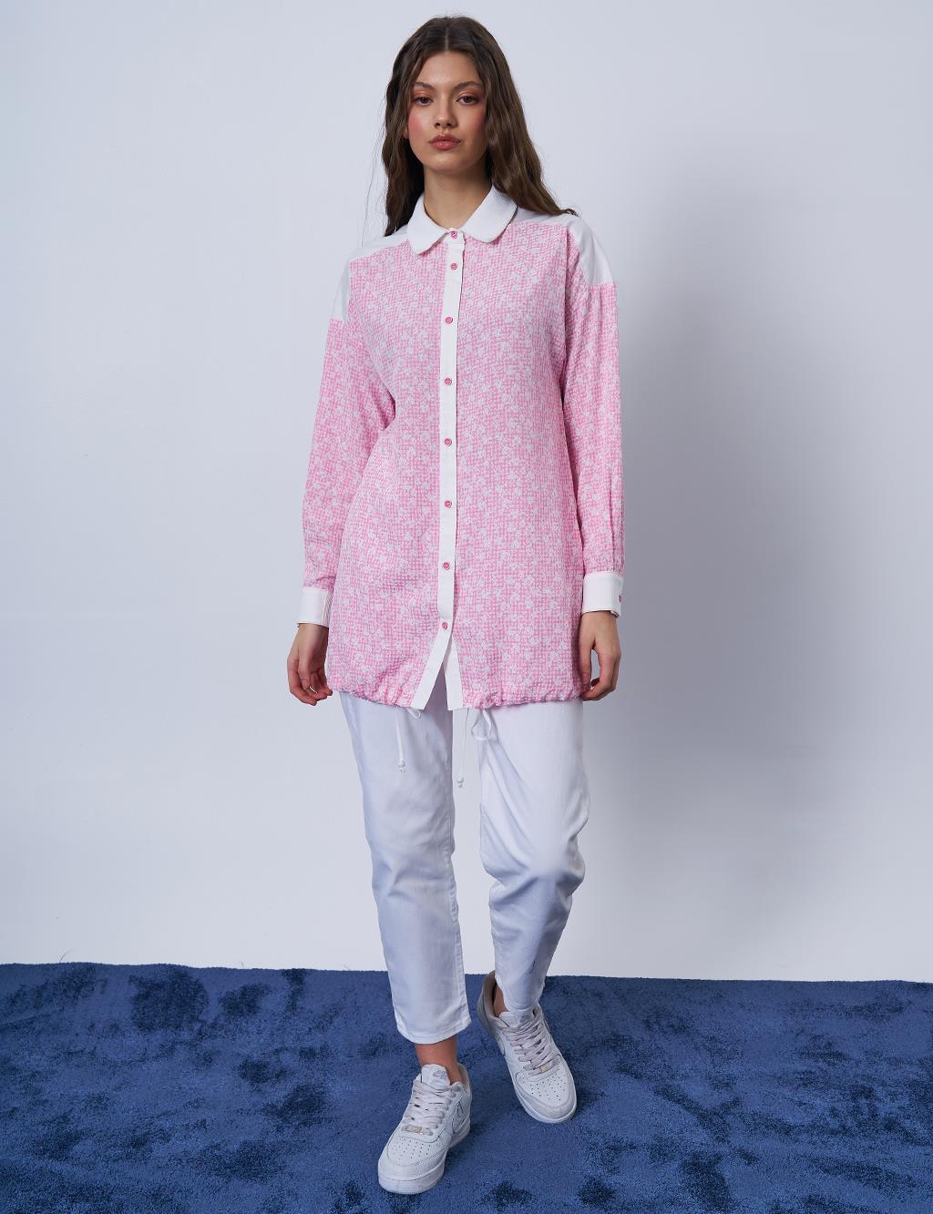 Floral Patterned Crinkled Tunic in Candy Pink