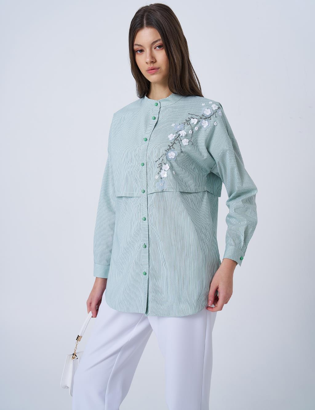 Appliquéd Striped Cotton Tunic Green