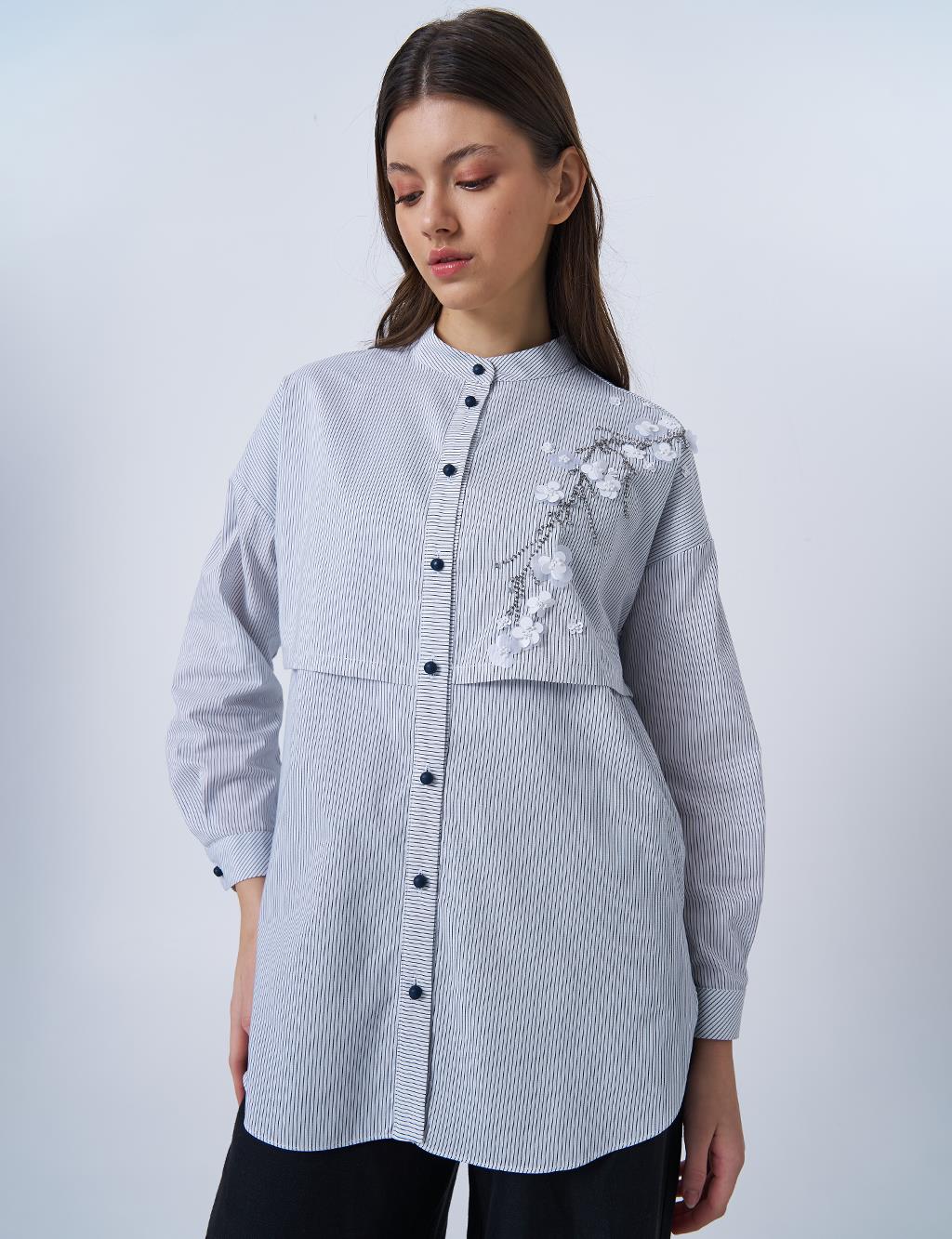 Aplikeli Çizgi Desen Pamuklu Tunik Mavi