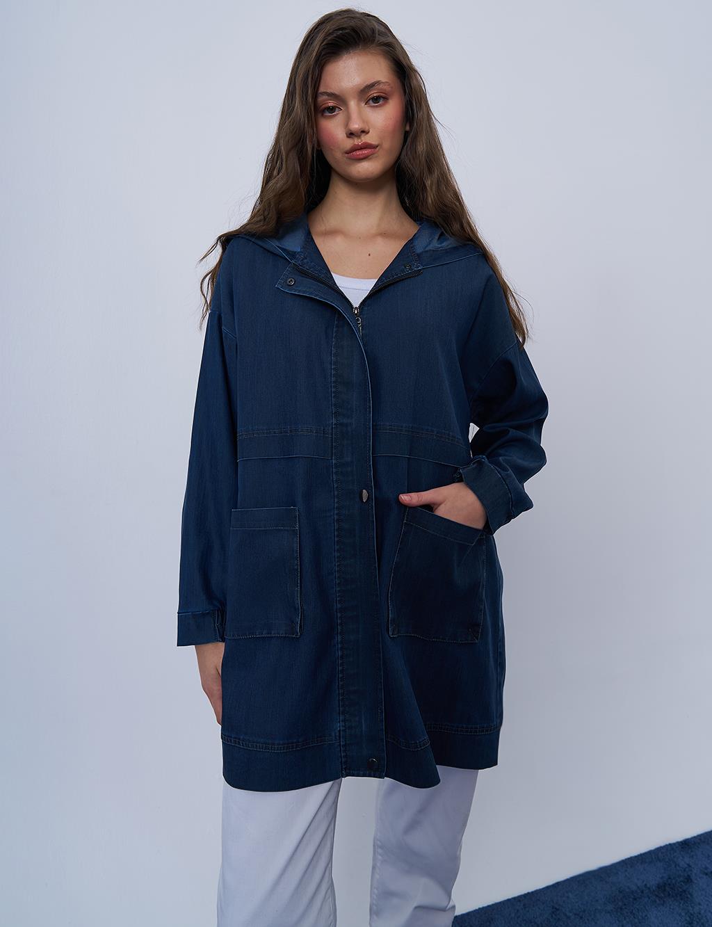 Pocket-Detail Denim-Effect Jacket Navy Blue