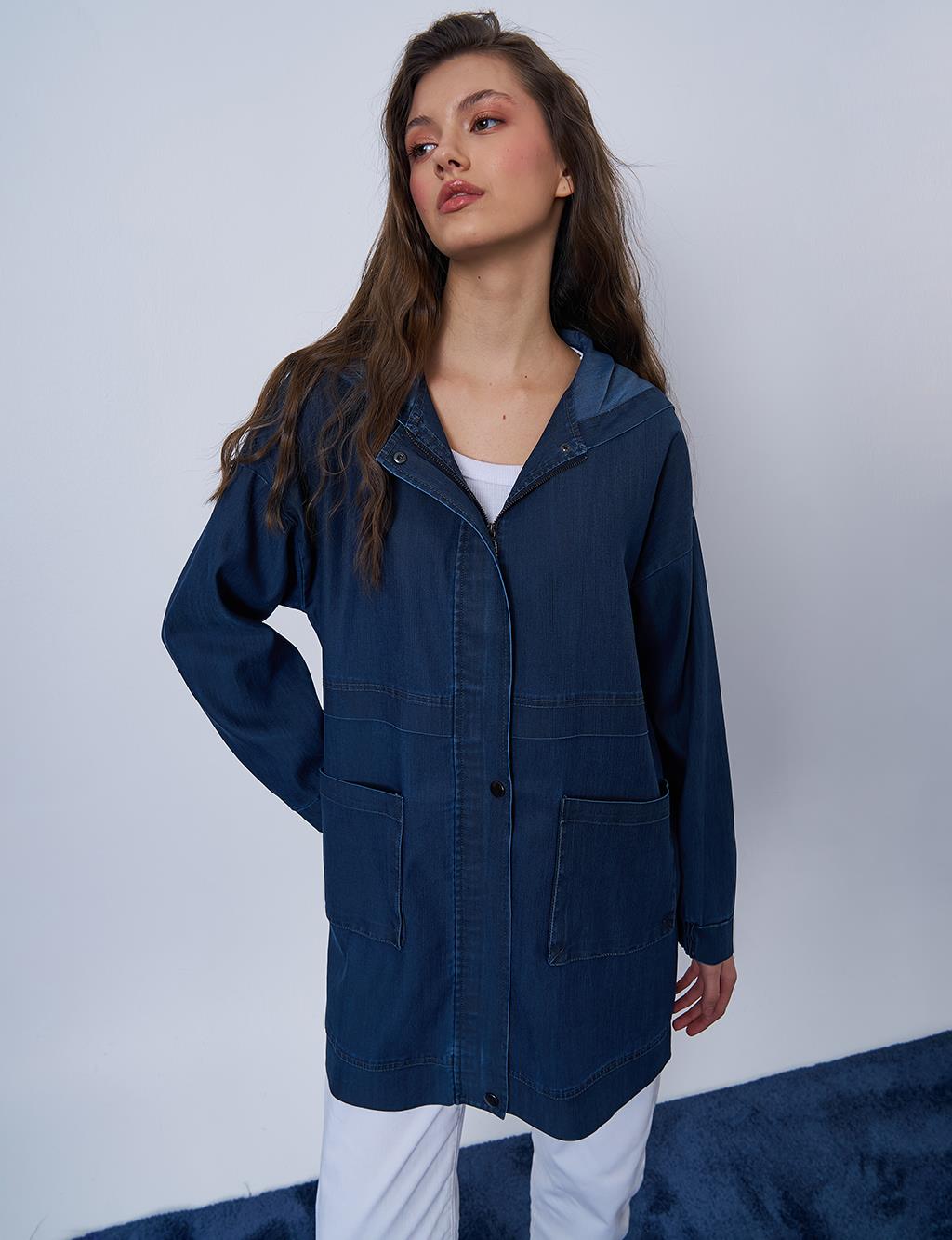 Pocket-Detail Denim-Effect Jacket Navy Blue
