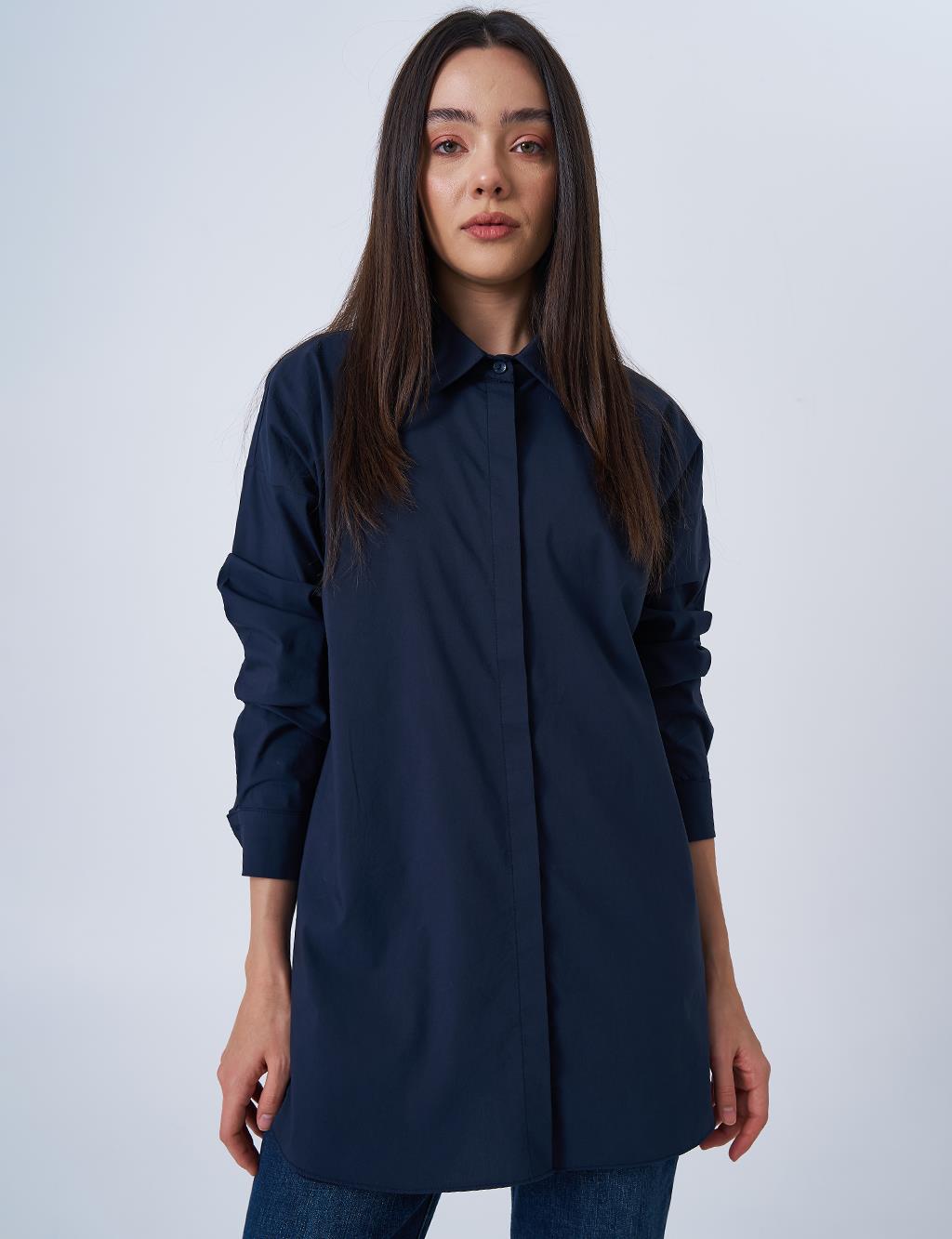 Gömlek Yaka Basic Poplin Tunik Lacivert
