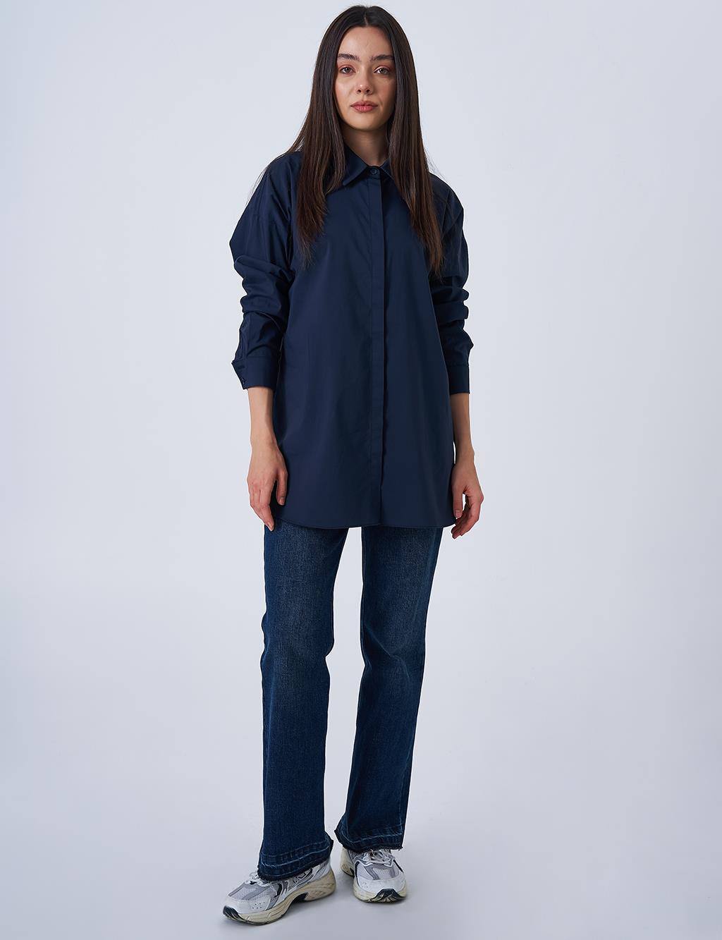 Gömlek Yaka Basic Poplin Tunik Lacivert