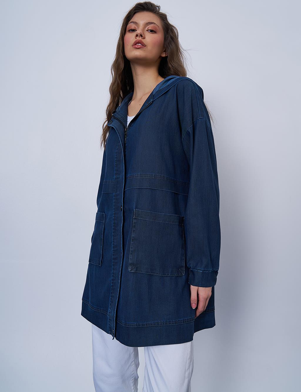 Pocket-Detail Denim-Effect Jacket Navy Blue