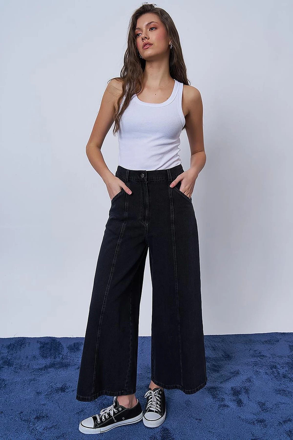 Stitch Detailed Denim Skirt Light Gray