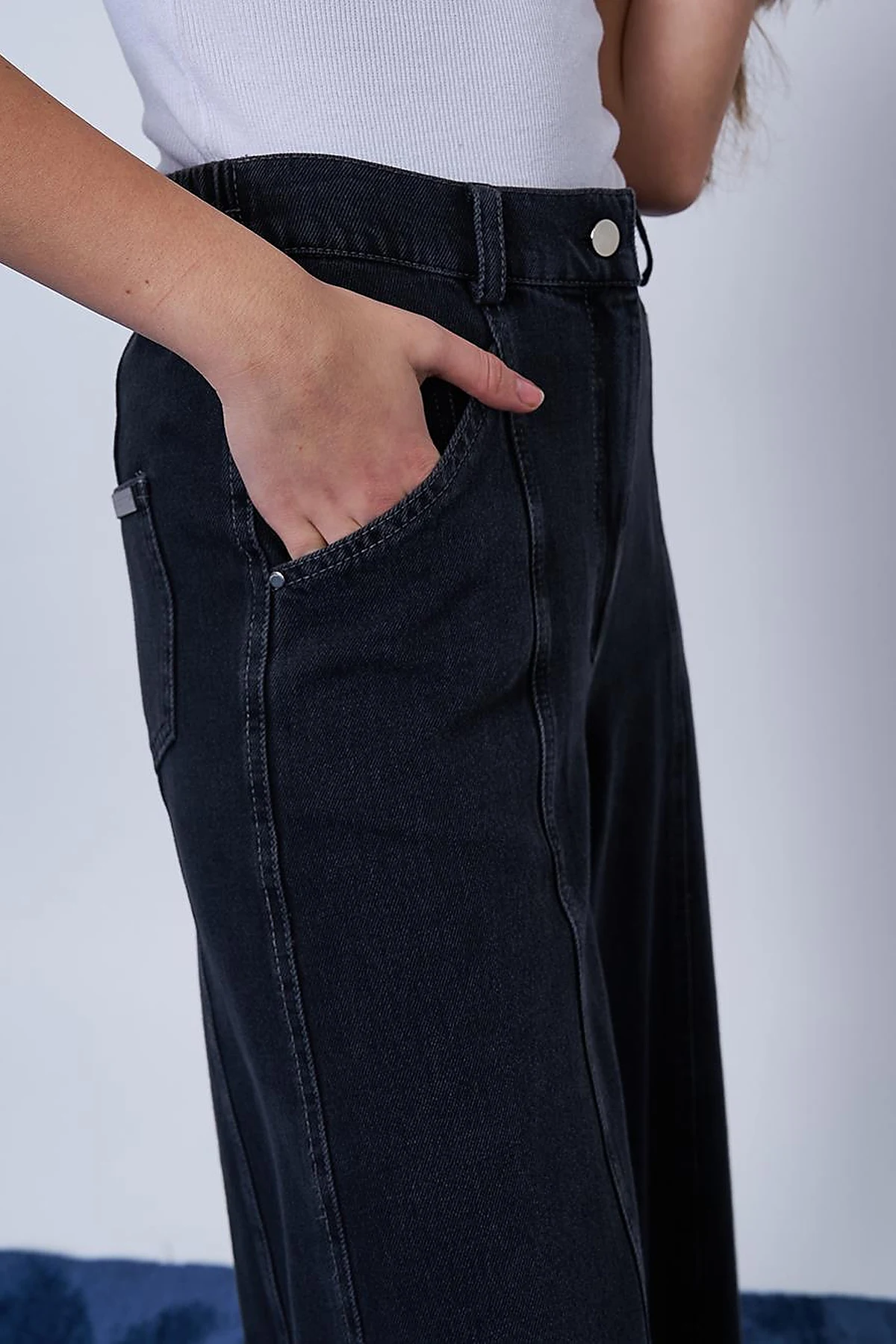 Stitch Detailed Denim Skirt Light Gray