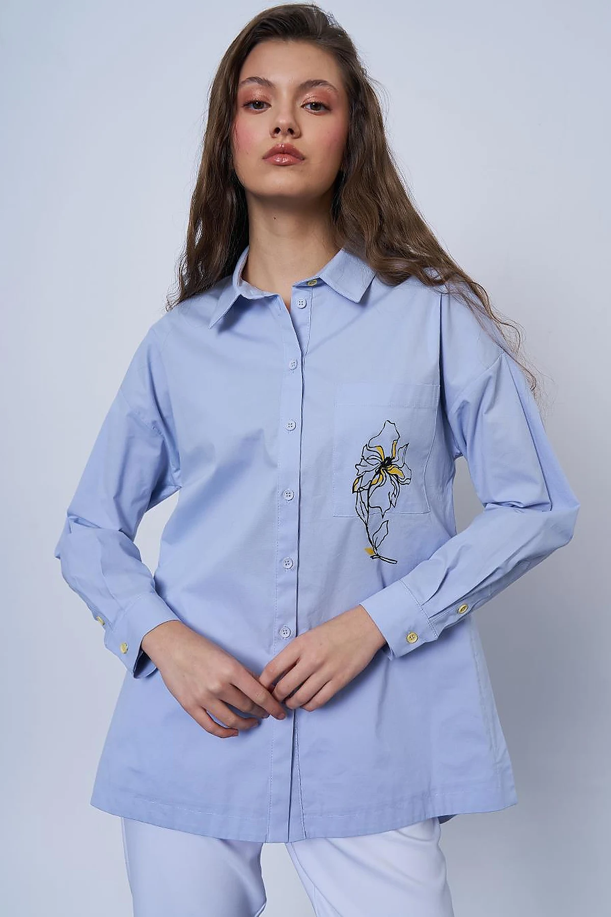 Floral Print Detail Cotton Blouse in Blue
