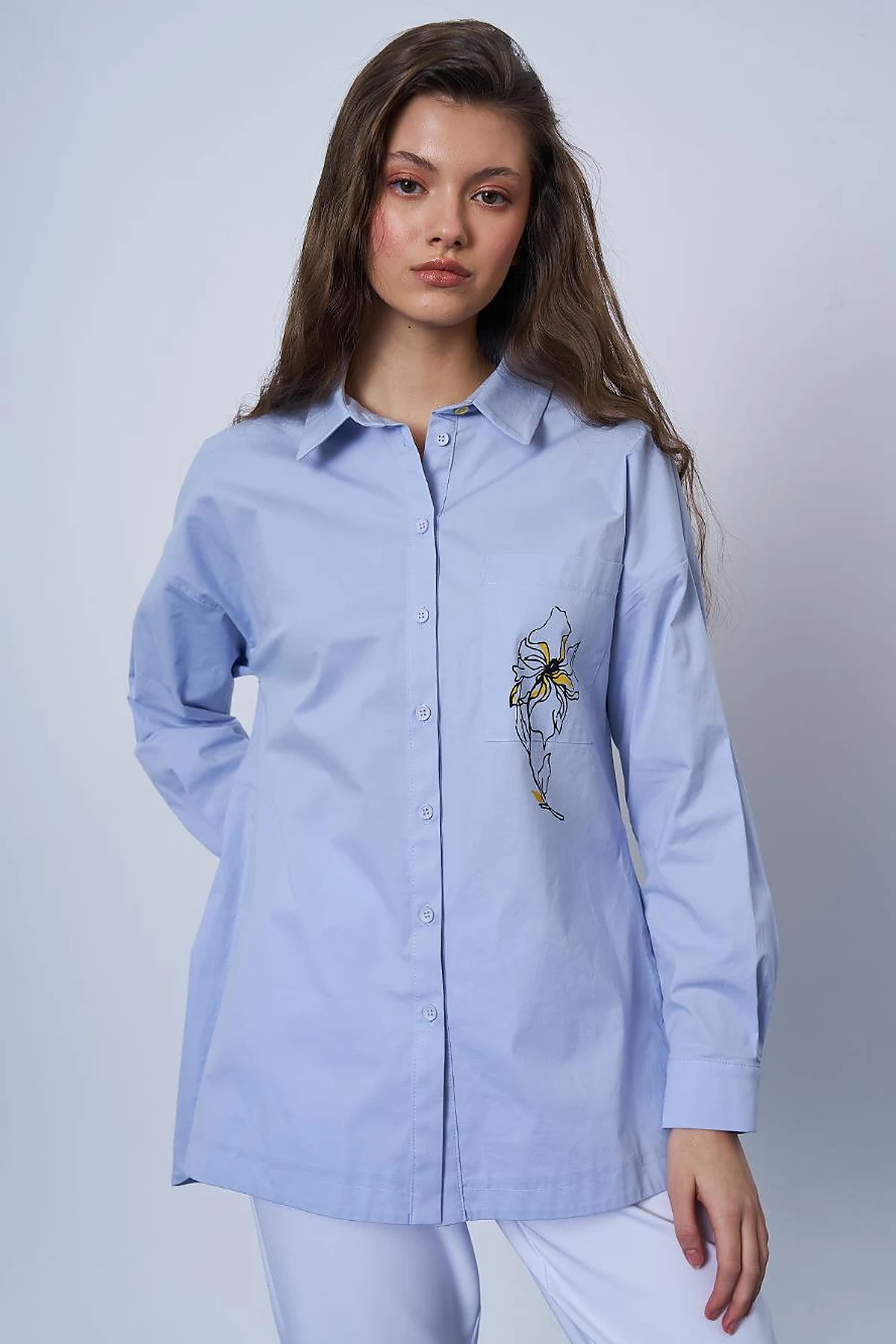 Floral Print Detail Cotton Blouse in Blue