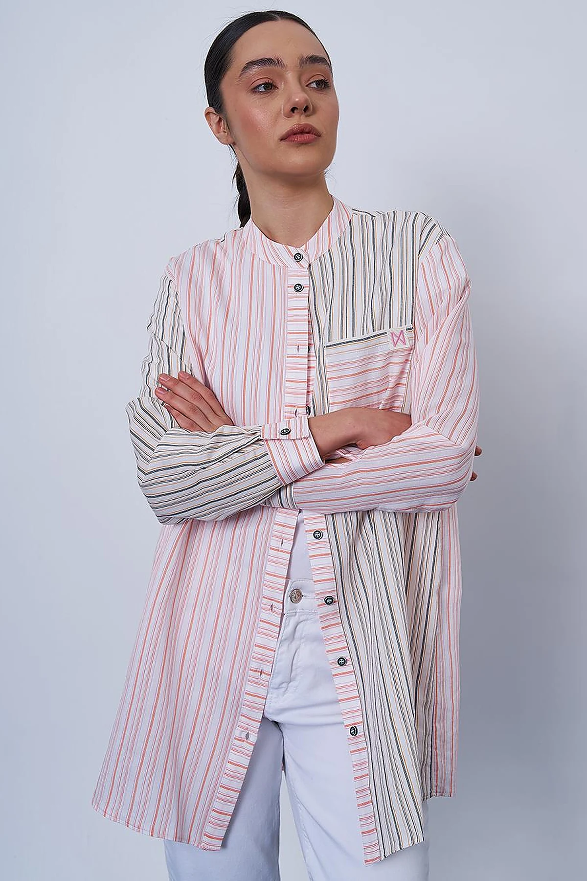 Mandarin Collar Viscose Tunic Pink