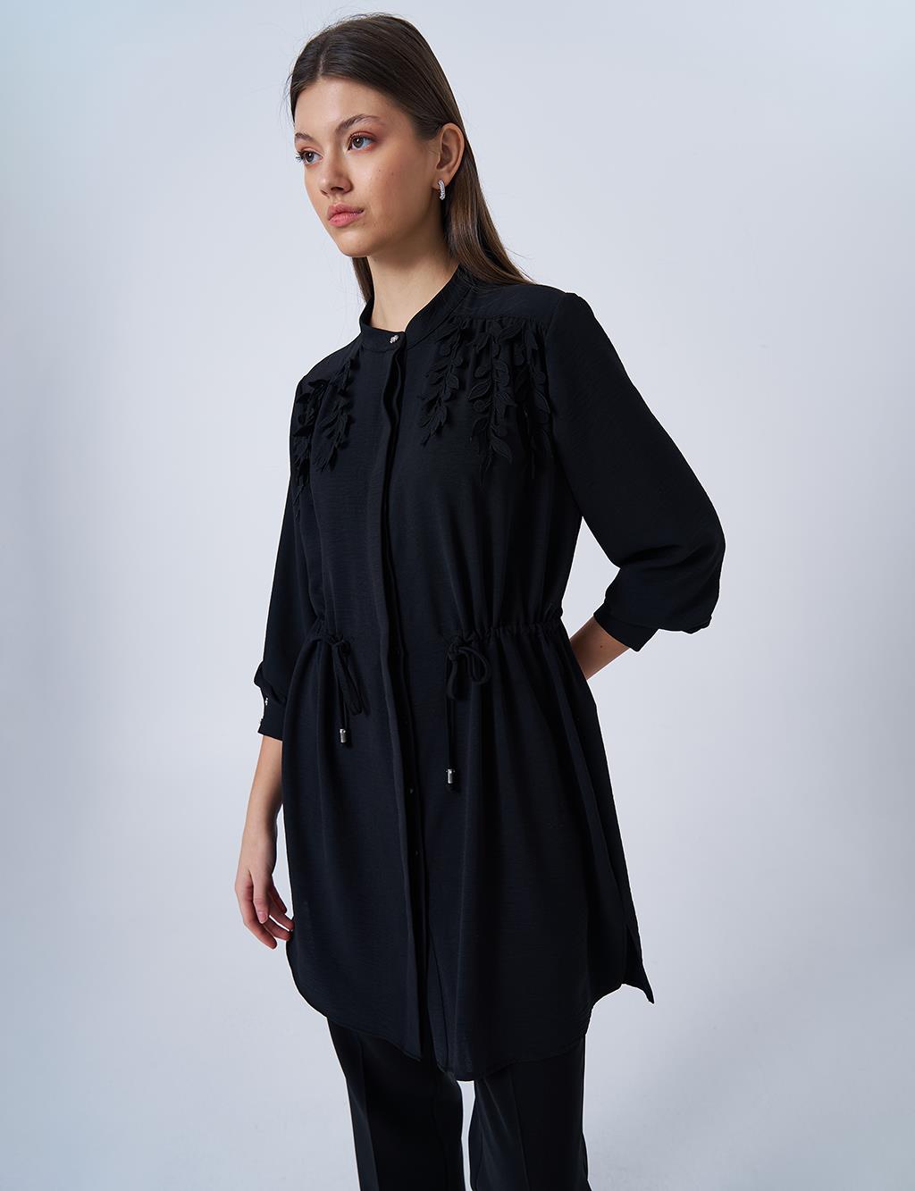 Drawstring Waist Mandarin Collar Tunic Black