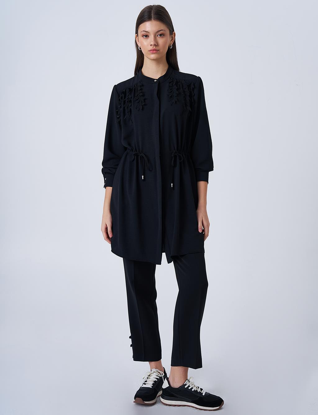 Drawstring Waist Mandarin Collar Tunic Black