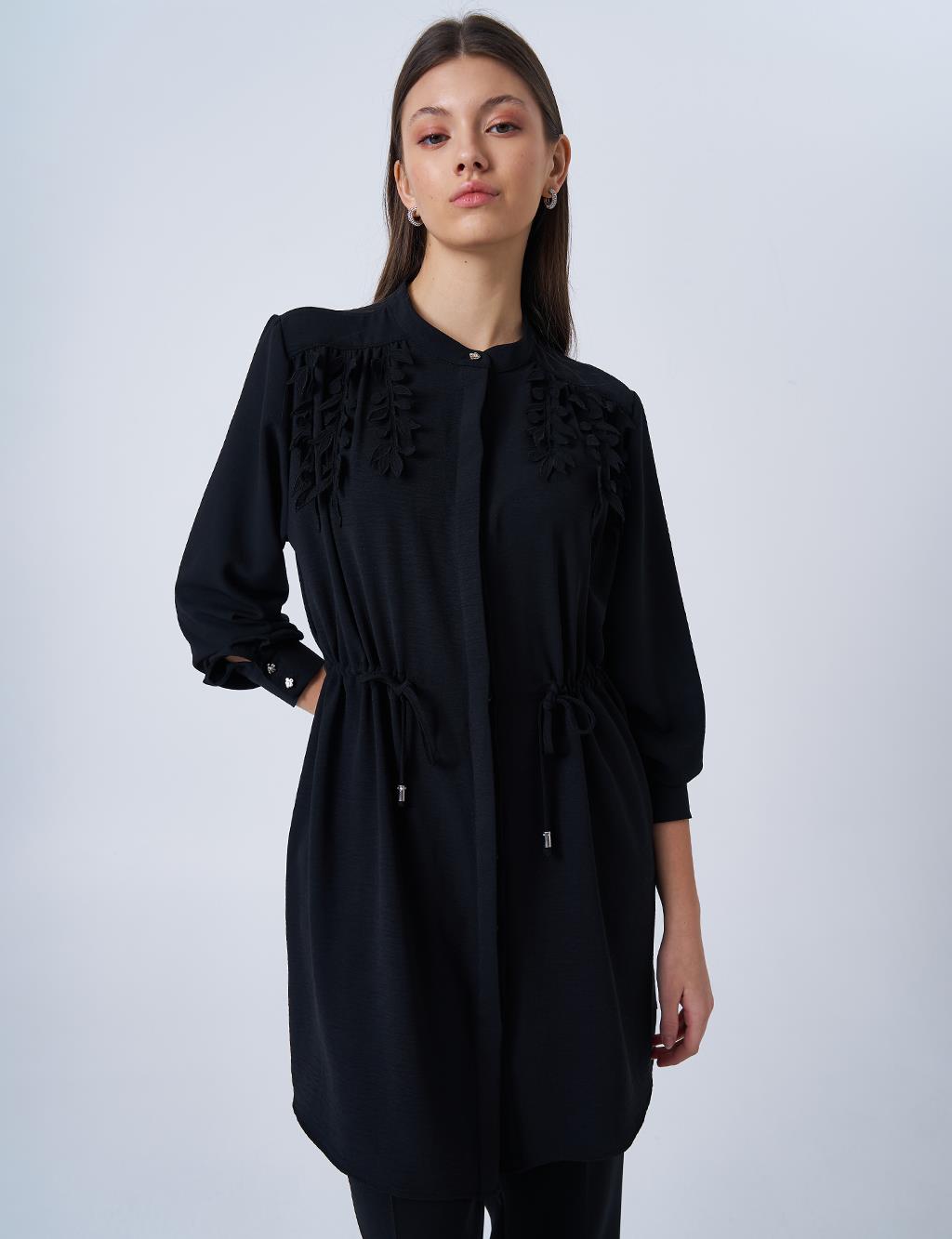 Drawstring Waist Mandarin Collar Tunic Black