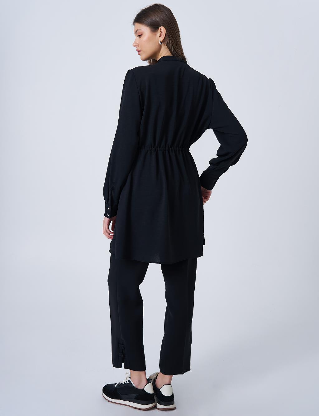 Drawstring Waist Mandarin Collar Tunic Black