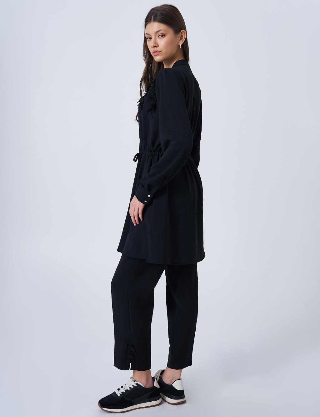 Drawstring Waist Mandarin Collar Tunic Black