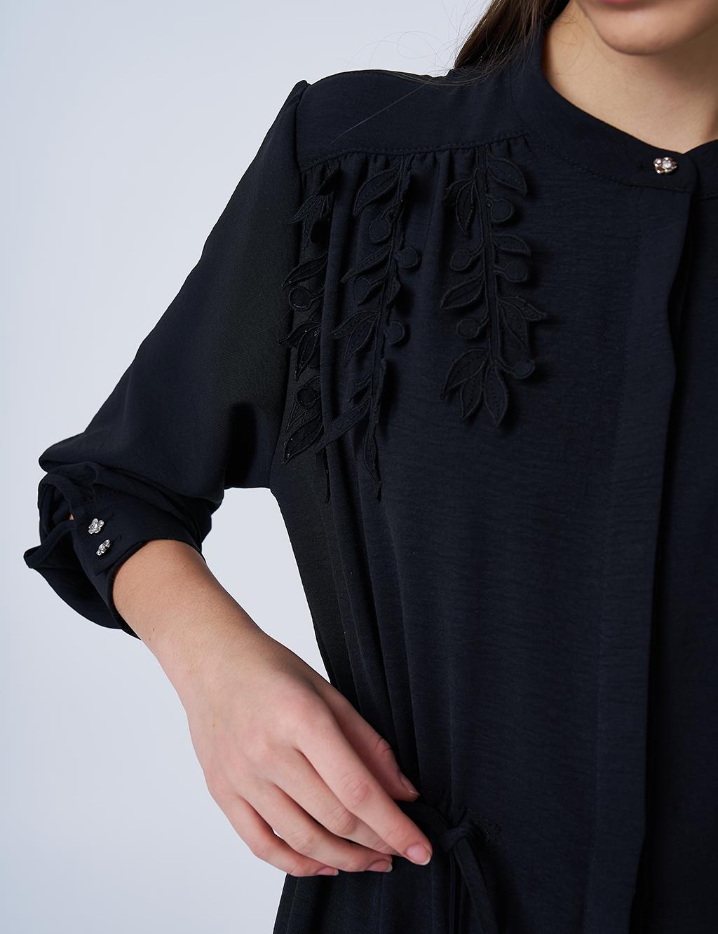 Drawstring Waist Mandarin Collar Tunic Black