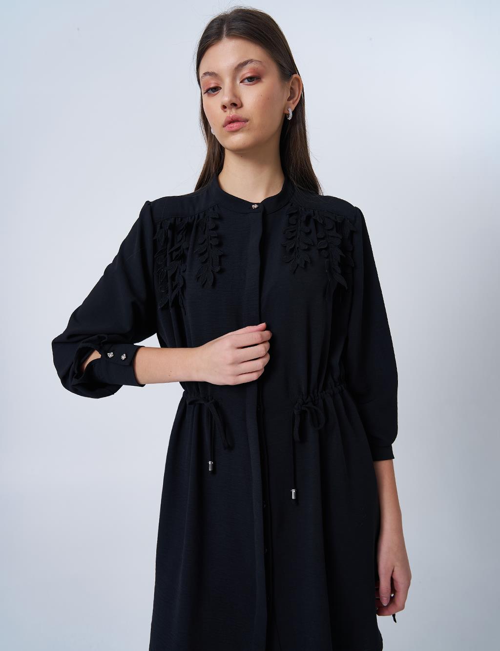 Drawstring Waist Mandarin Collar Tunic Black