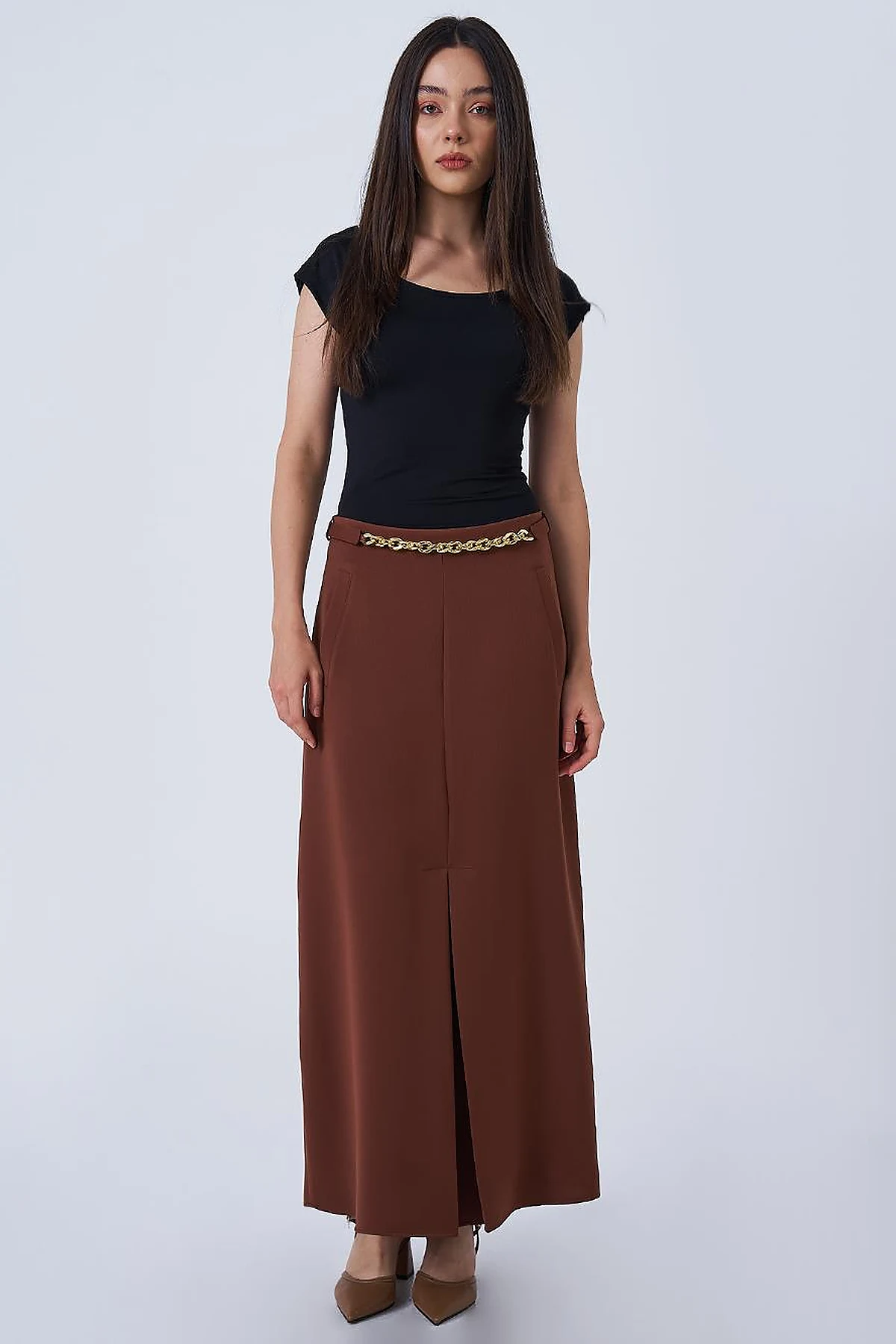 Chain Belt Detail Flared Skirt Brown