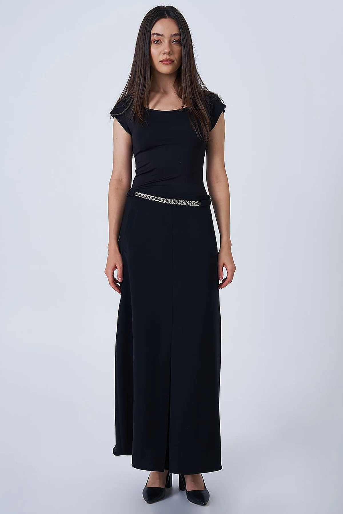 Chain Belt Detail Flared Skirt Black