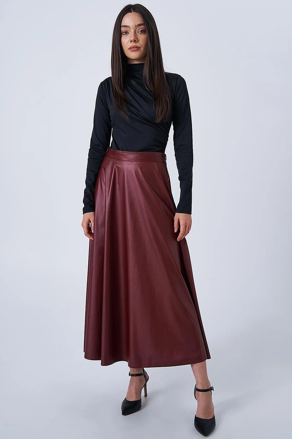 Shiny Flared Skirt Burgundy