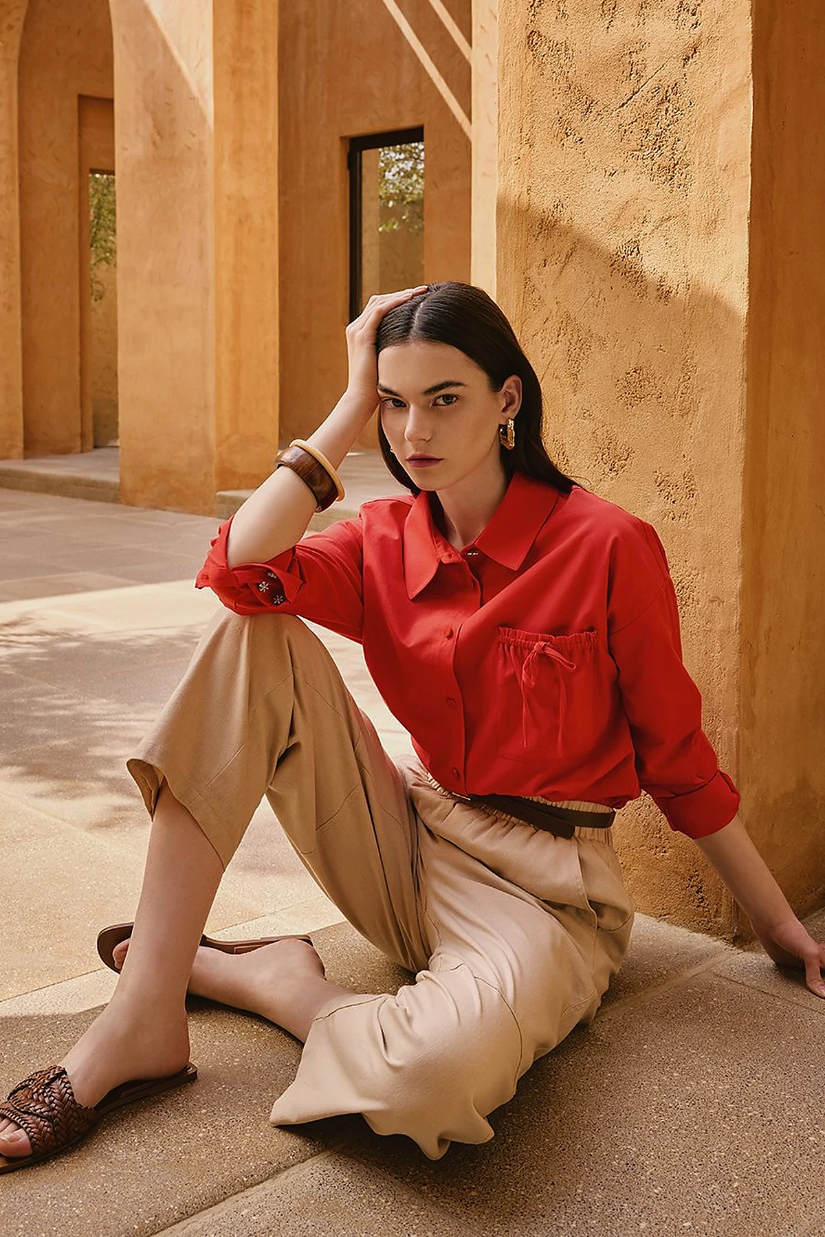 Lace-Up Back Shirt Collar Tunic, Red
