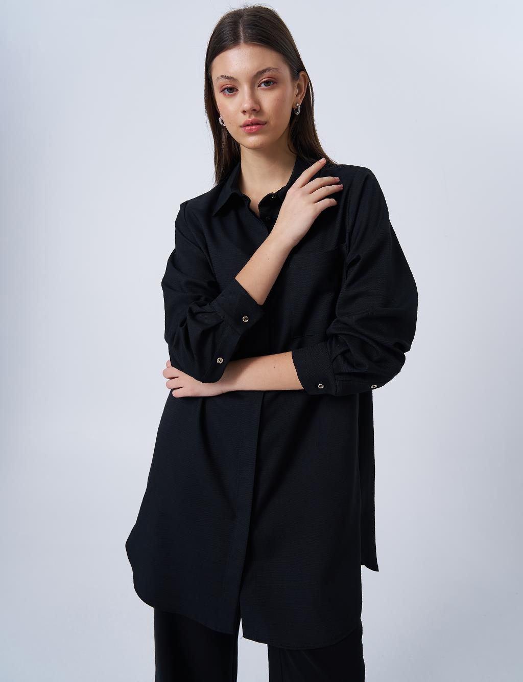Gömlek Yaka Basic Tunik Siyah