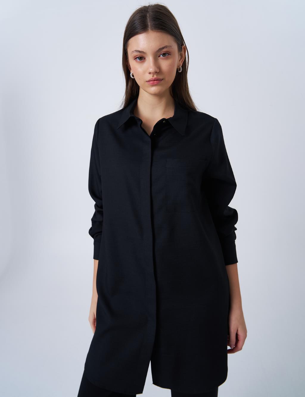 Gömlek Yaka Basic Tunik Siyah