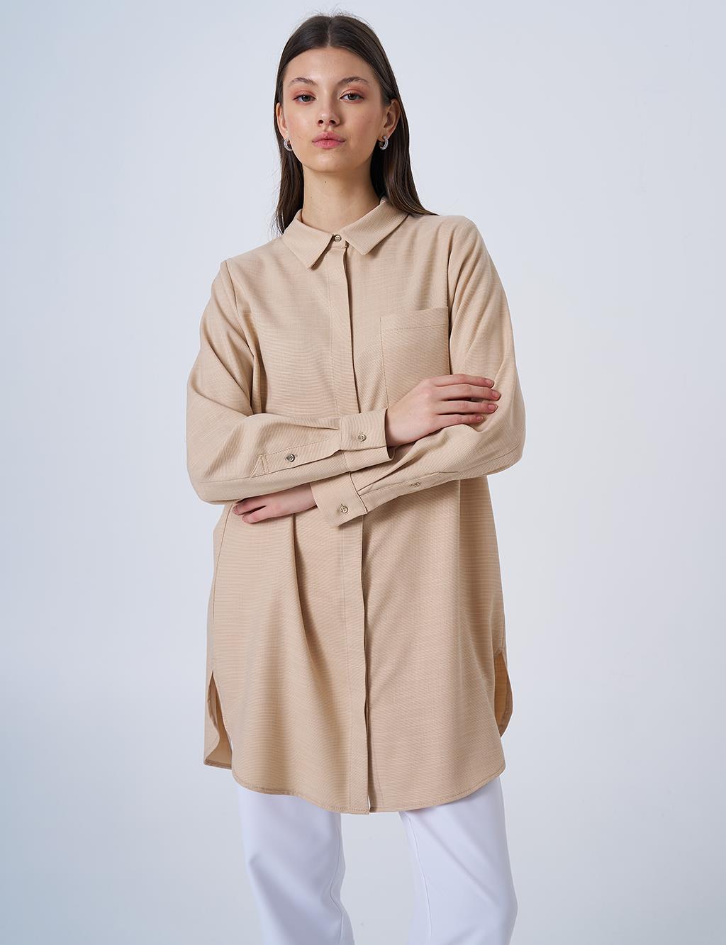 Gömlek Yaka Basic Tunik Bej
