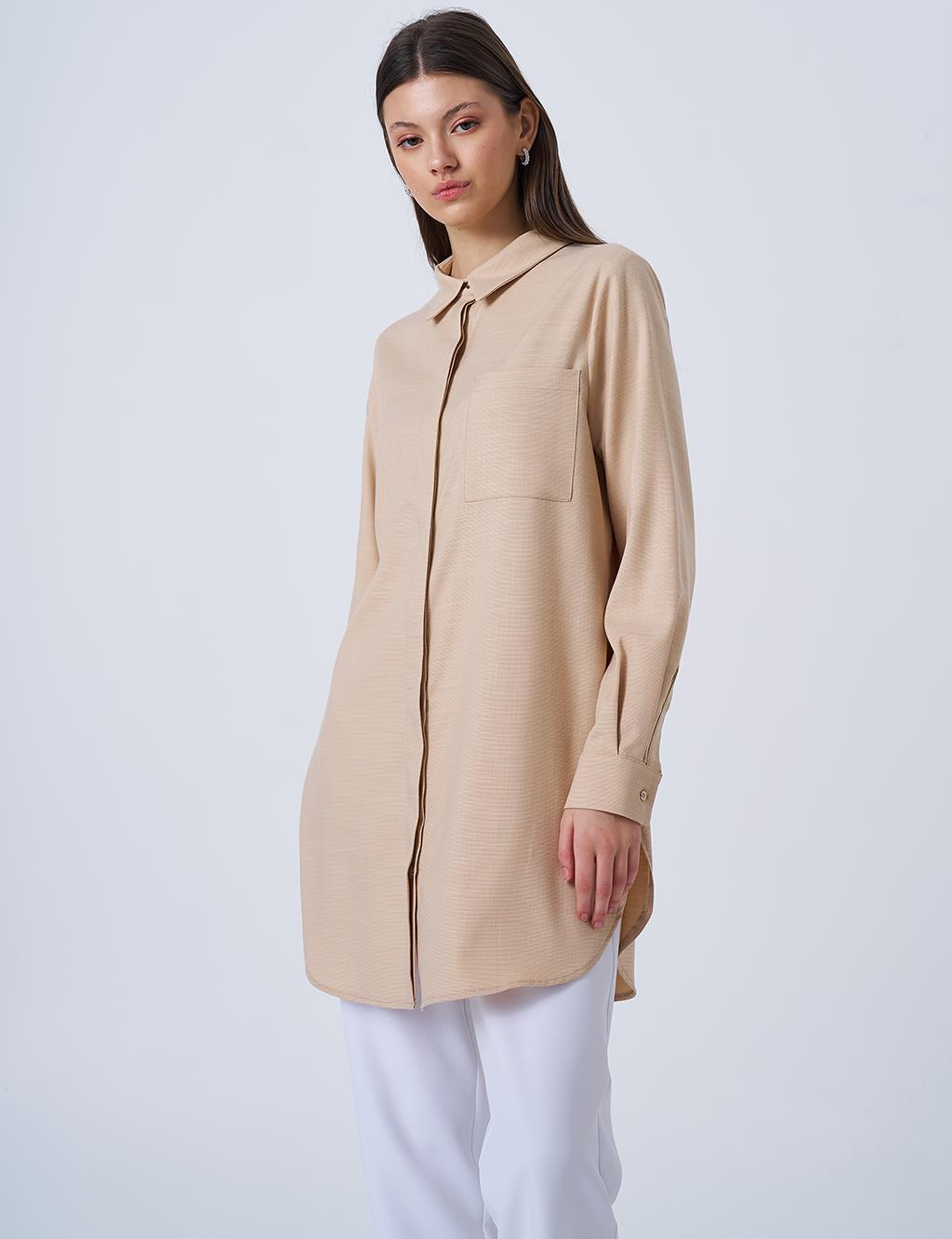 Gömlek Yaka Basic Tunik Bej