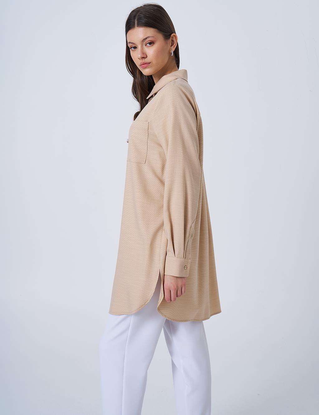 Gömlek Yaka Basic Tunik Bej