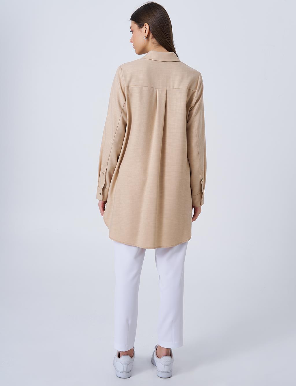 Gömlek Yaka Basic Tunik Bej