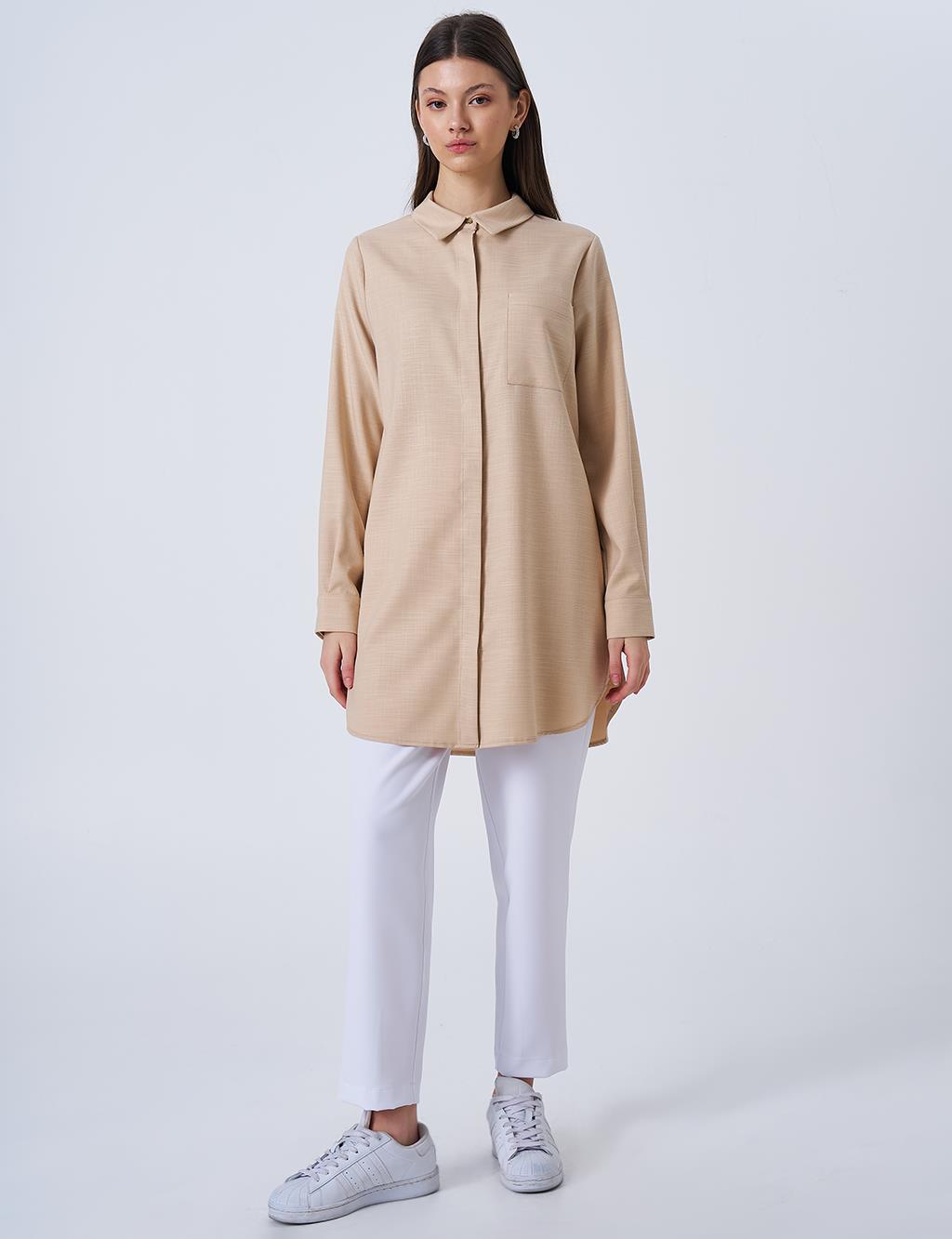 Gömlek Yaka Basic Tunik Bej