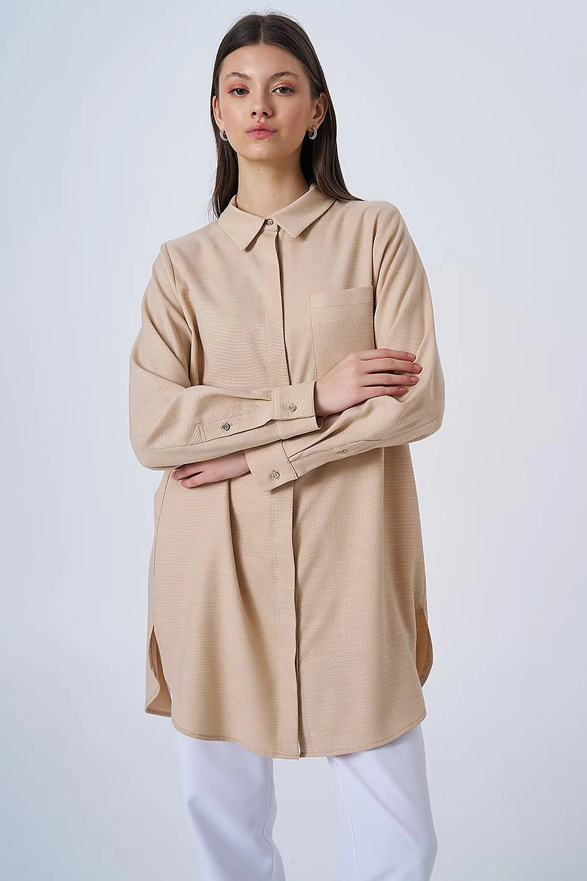 Shirt Collar Basic Tunic Beige