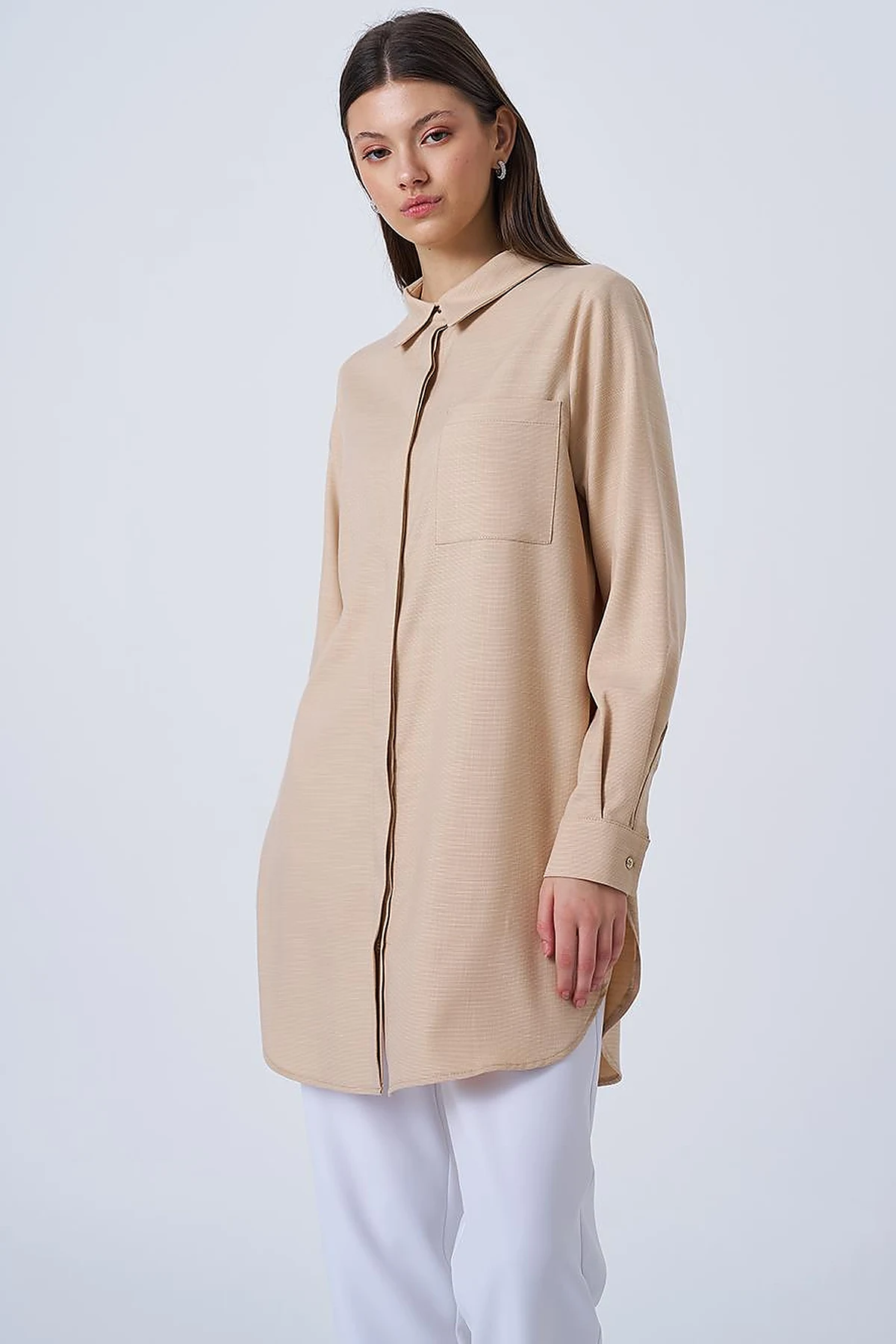 Shirt Collar Basic Tunic Beige