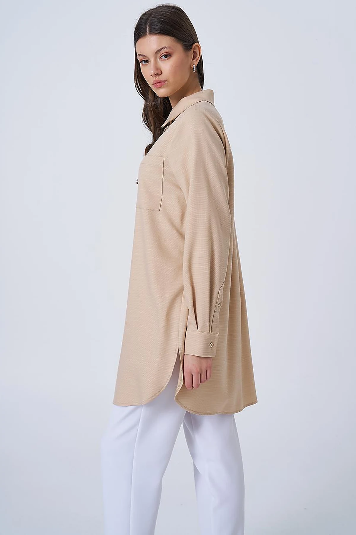 Shirt Collar Basic Tunic Beige