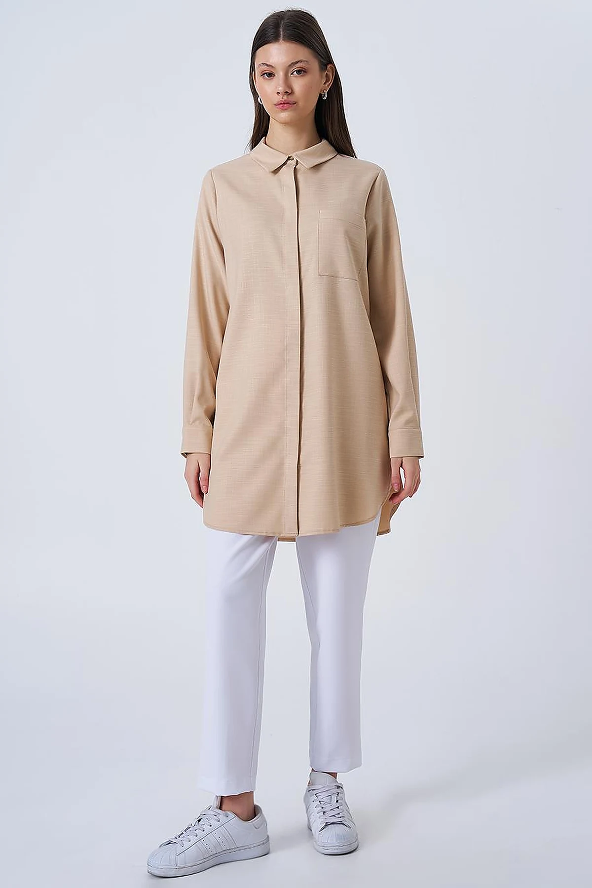Shirt Collar Basic Tunic Beige