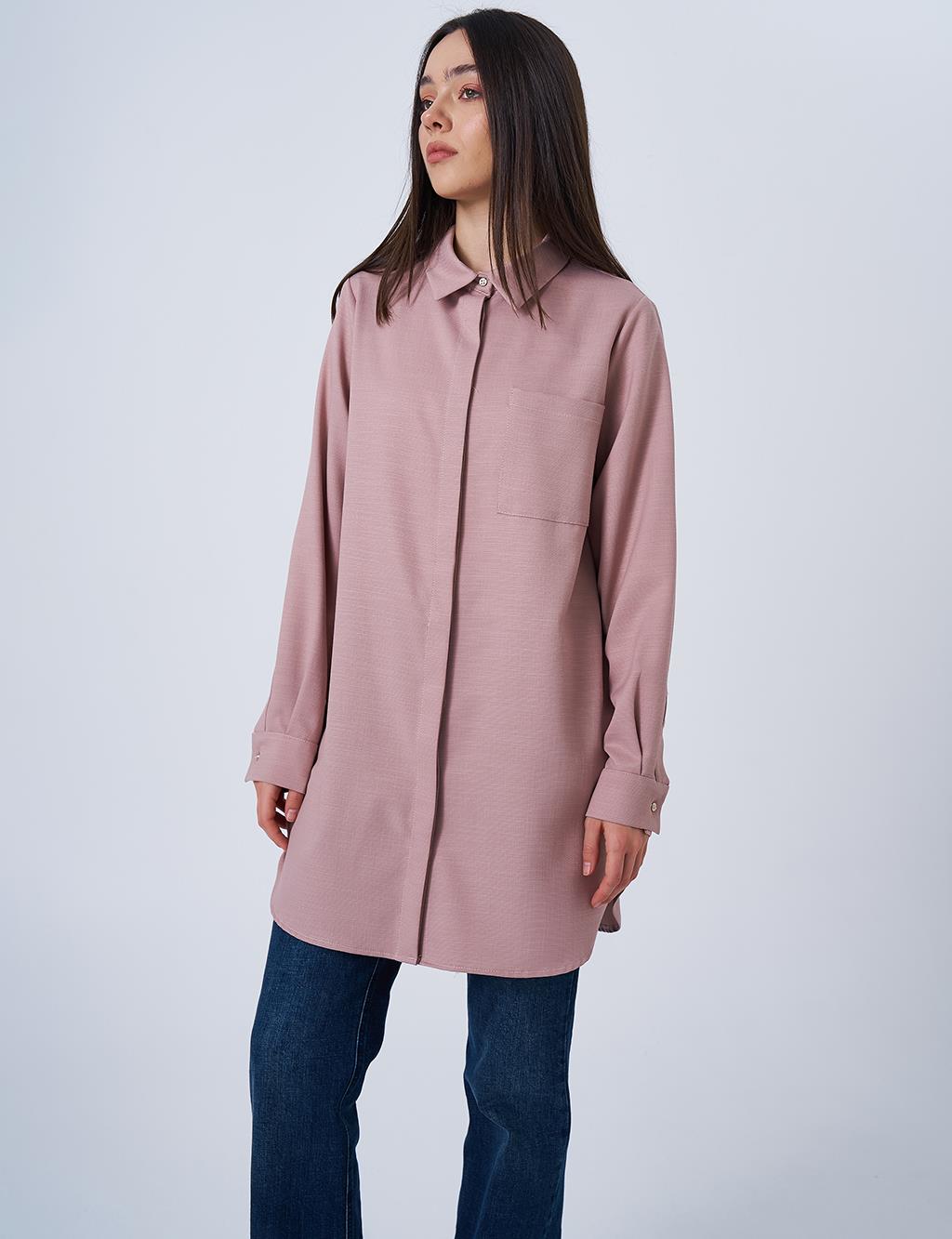 Gömlek Yaka Basic Tunik Pudra