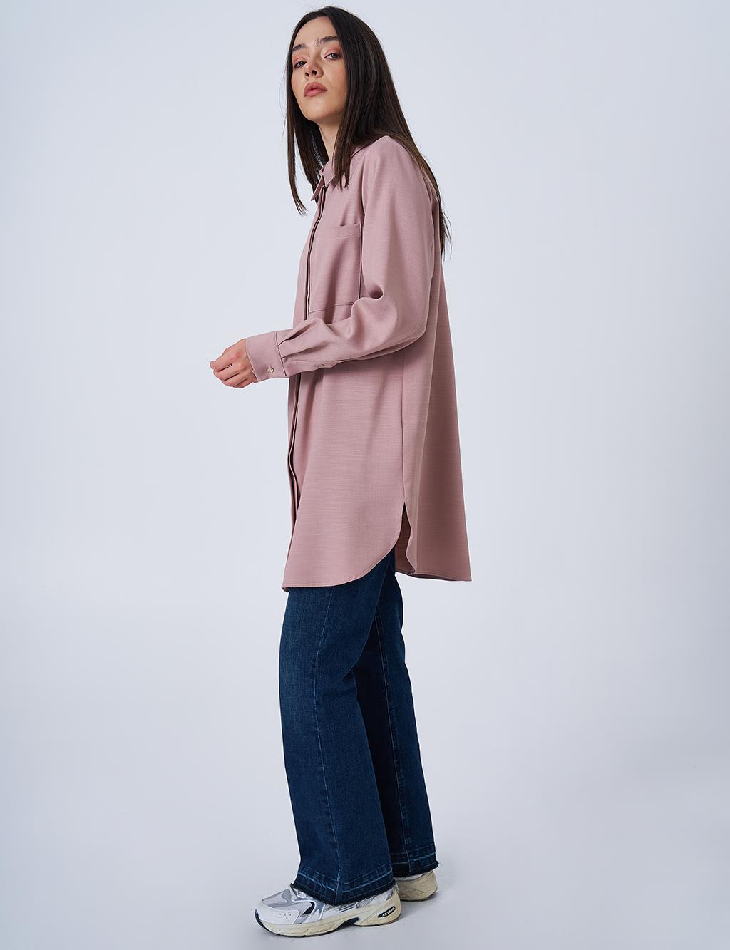Gömlek Yaka Basic Tunik Pudra