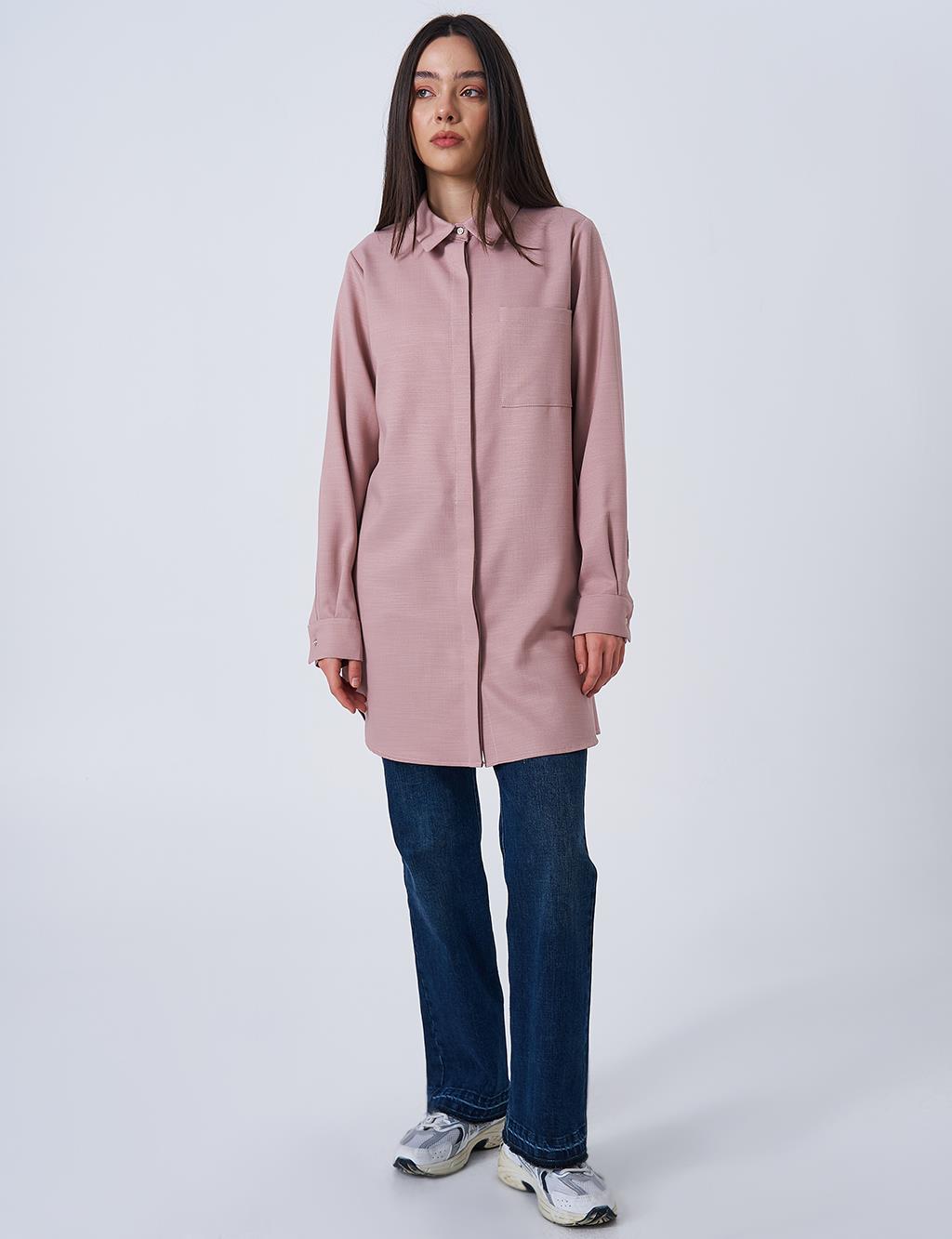 Gömlek Yaka Basic Tunik Pudra