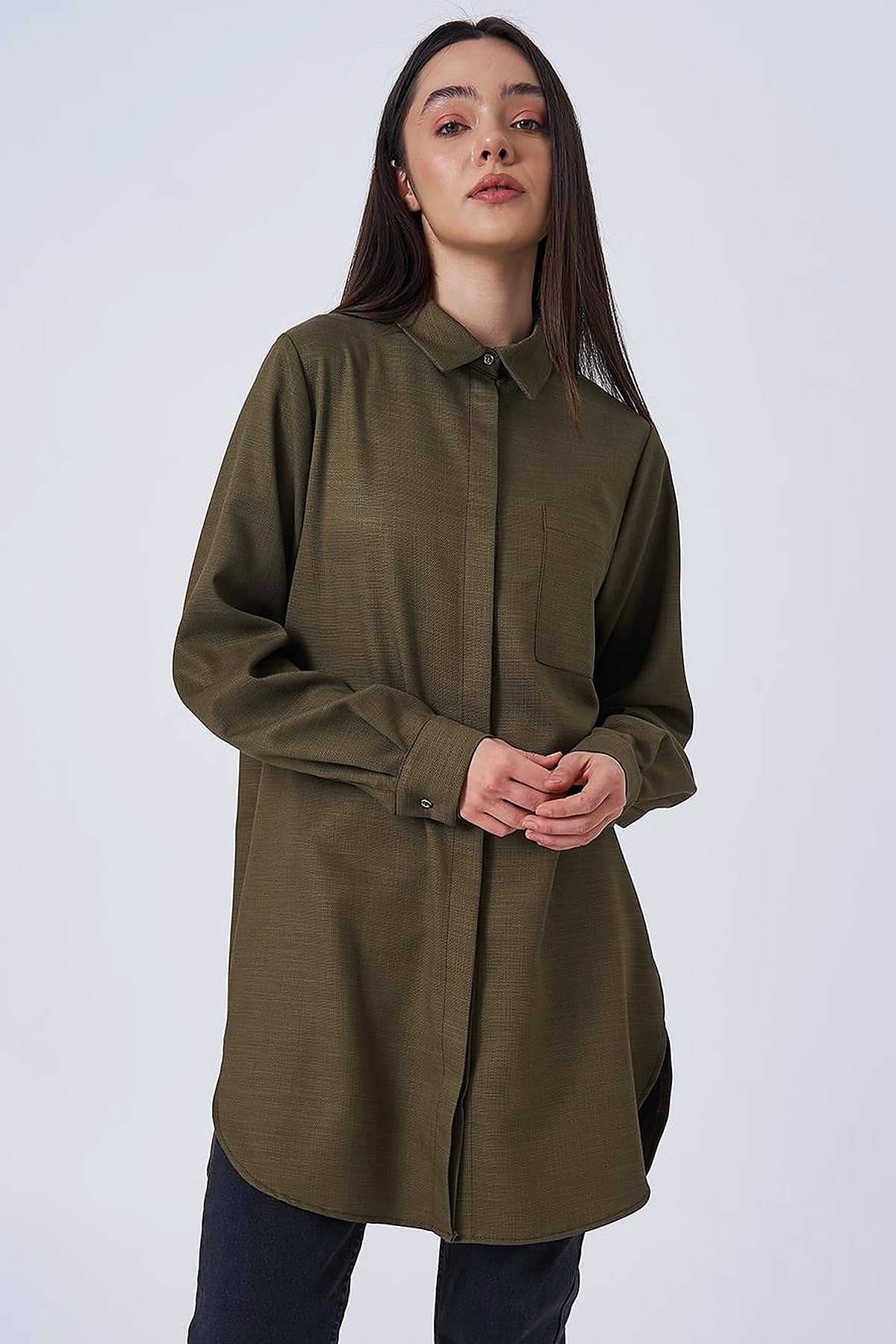 Shirt Collar Basic Tunic Khaki