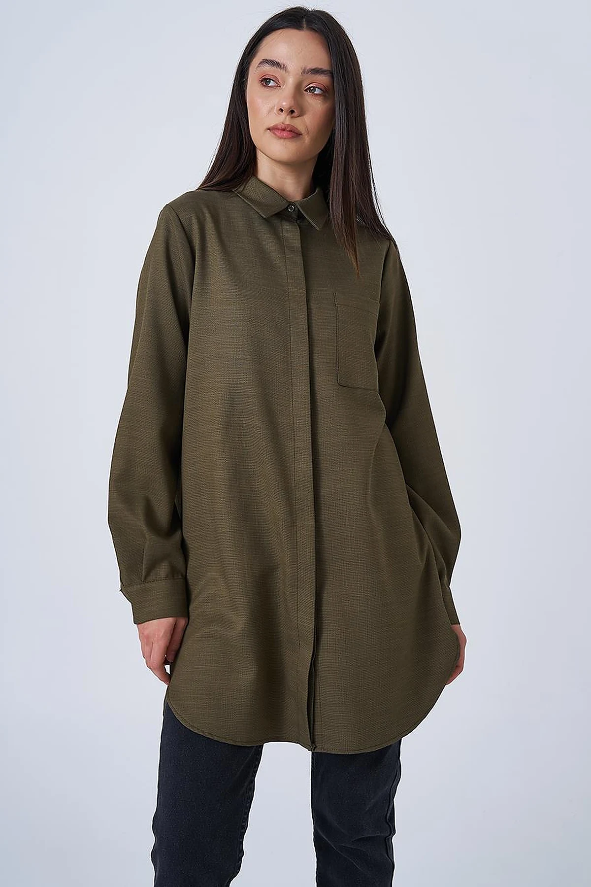 Shirt Collar Basic Tunic Khaki