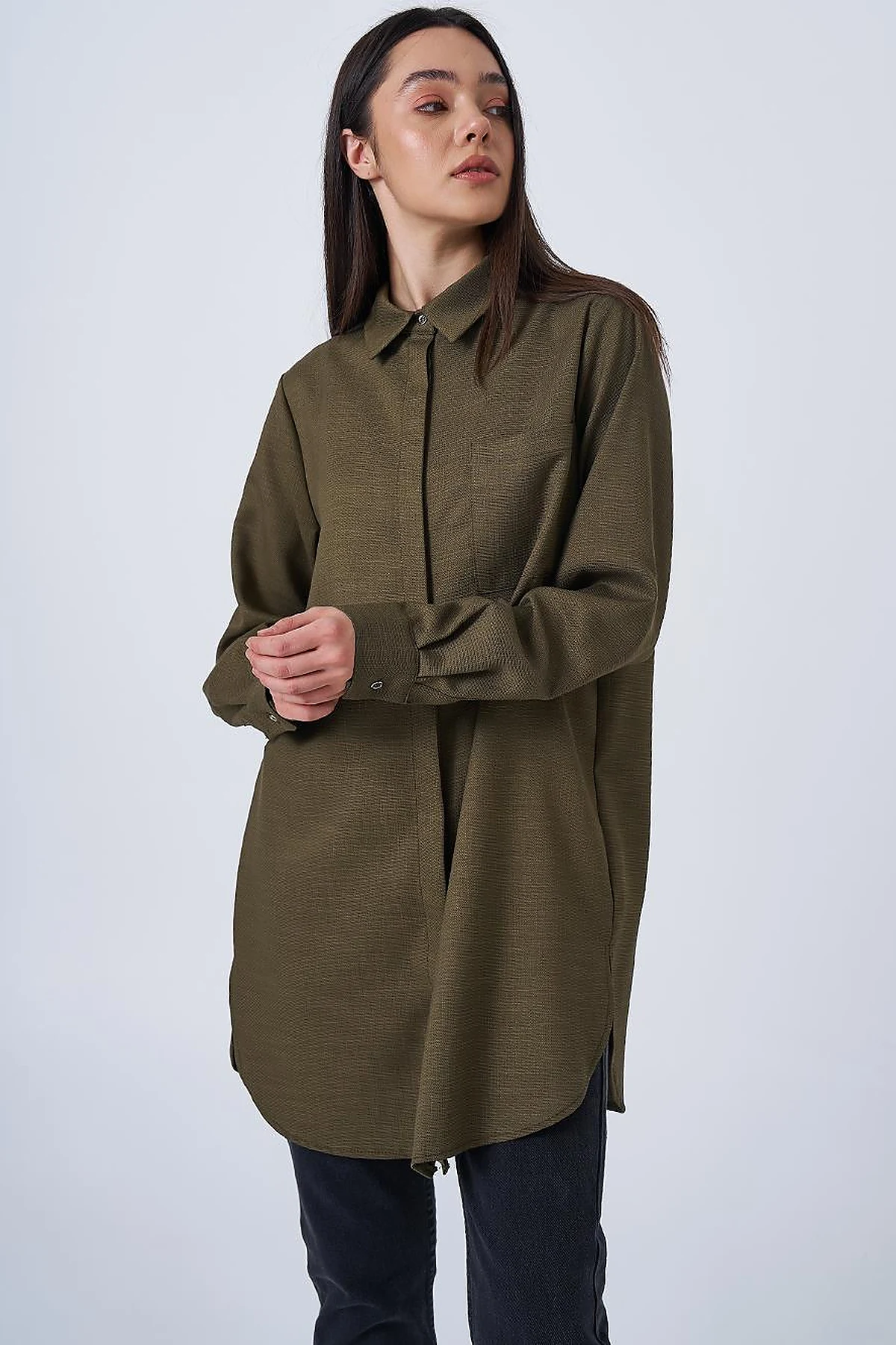 Shirt Collar Basic Tunic Khaki