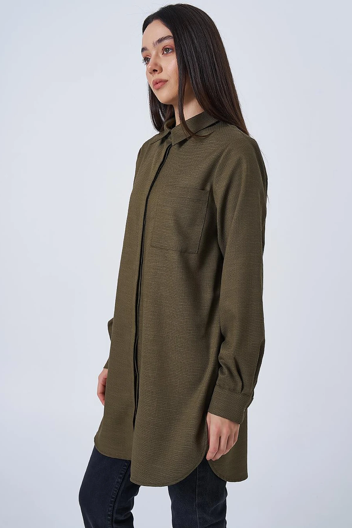Shirt Collar Basic Tunic Khaki