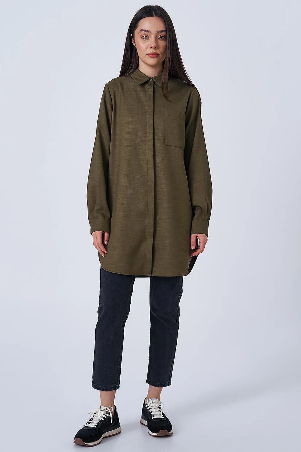 Shirt Collar Basic Tunic Khaki