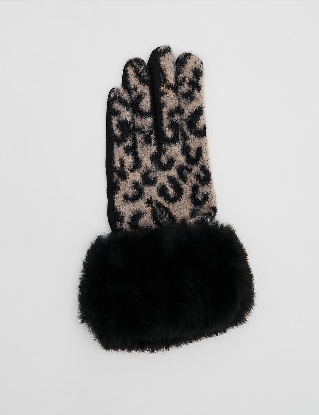 Leopar Desenli Eldiven Bej