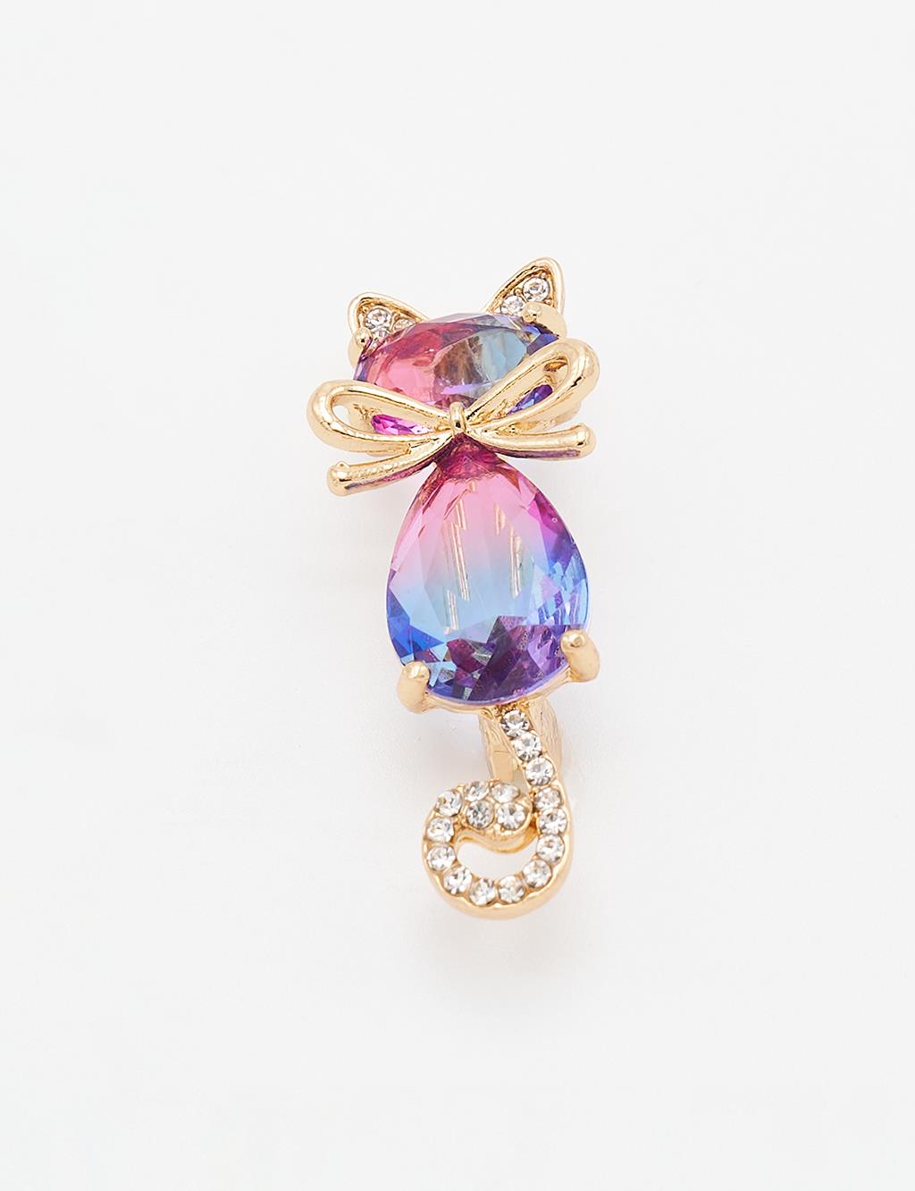 Cat Figurine Bow Brooch Gold