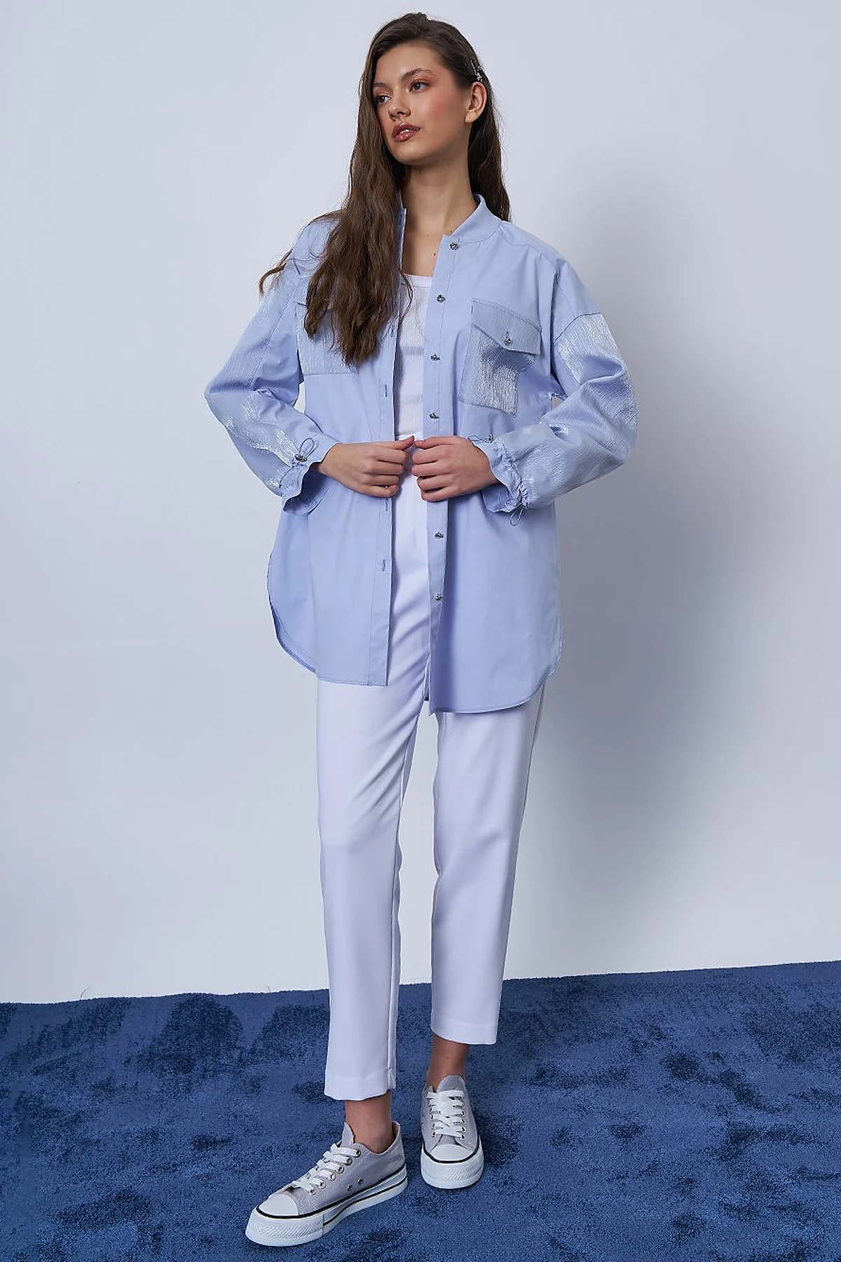 Glitter Detailed Cotton Tunic Blue