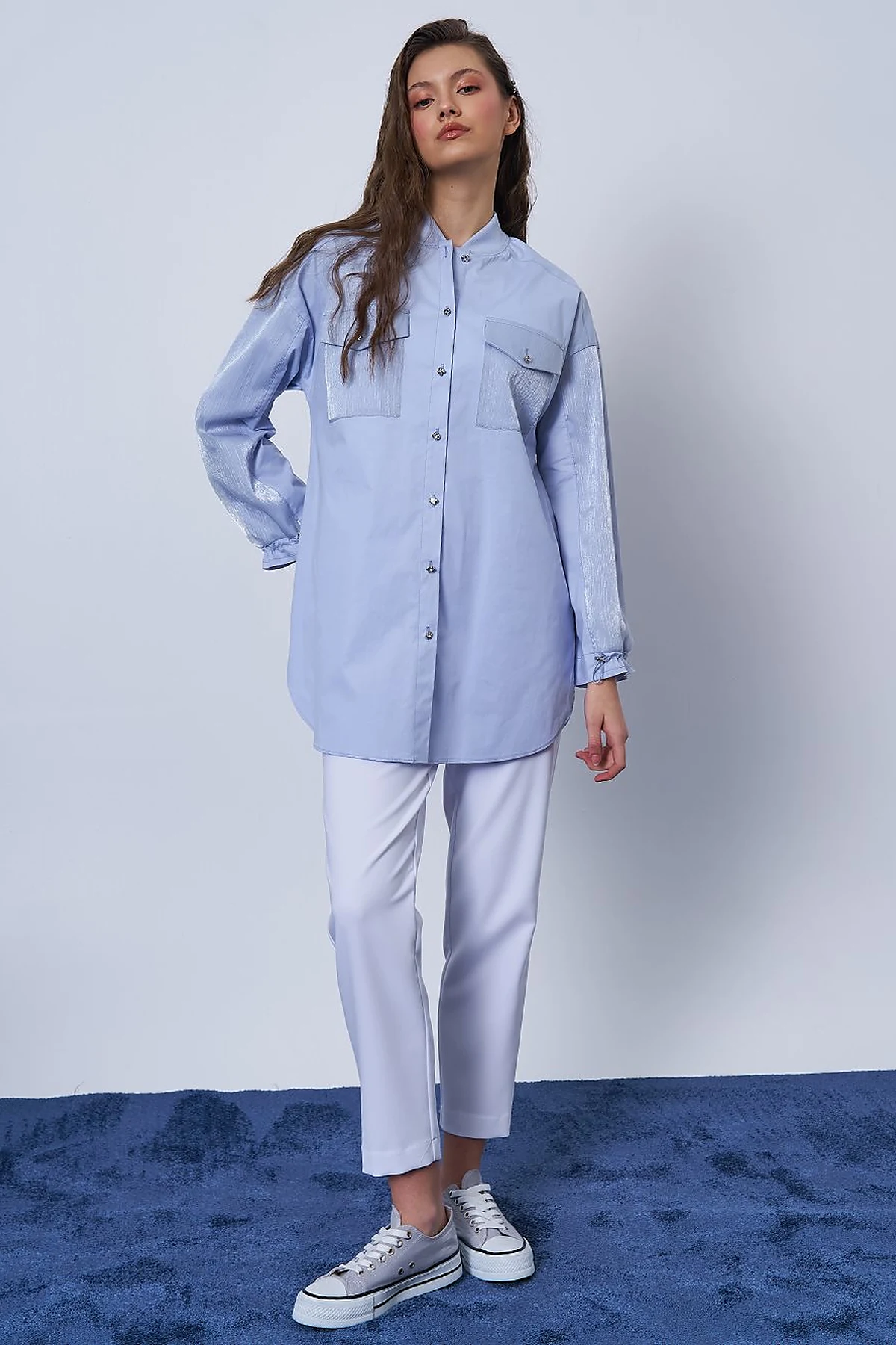 Glitter Detailed Cotton Tunic Blue
